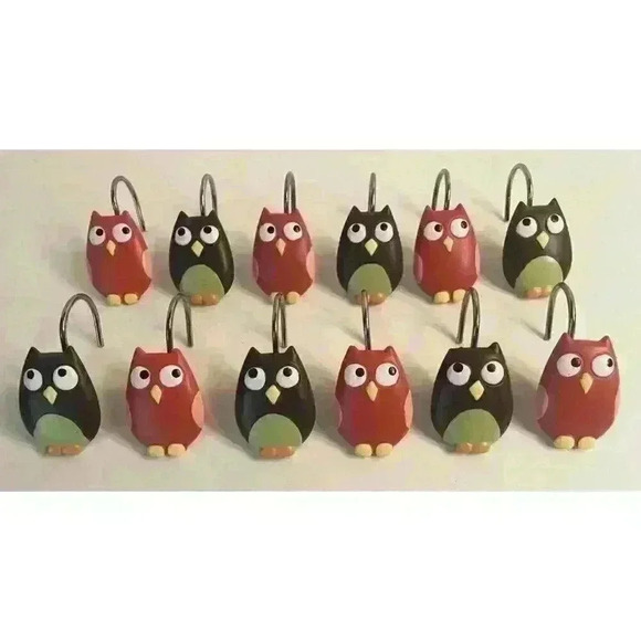 12 Colorful Resin Pink Brown Lime Green Owls Shower Curtain Hooks Kids Bathroom - Picture 1 of 2